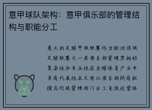 意甲球队架构：意甲俱乐部的管理结构与职能分工